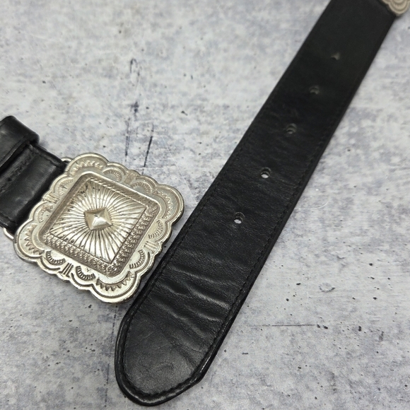 Vintage Brighton 1992 Western Black Concho Leather Belt Silver Buckle Medallions main image 7